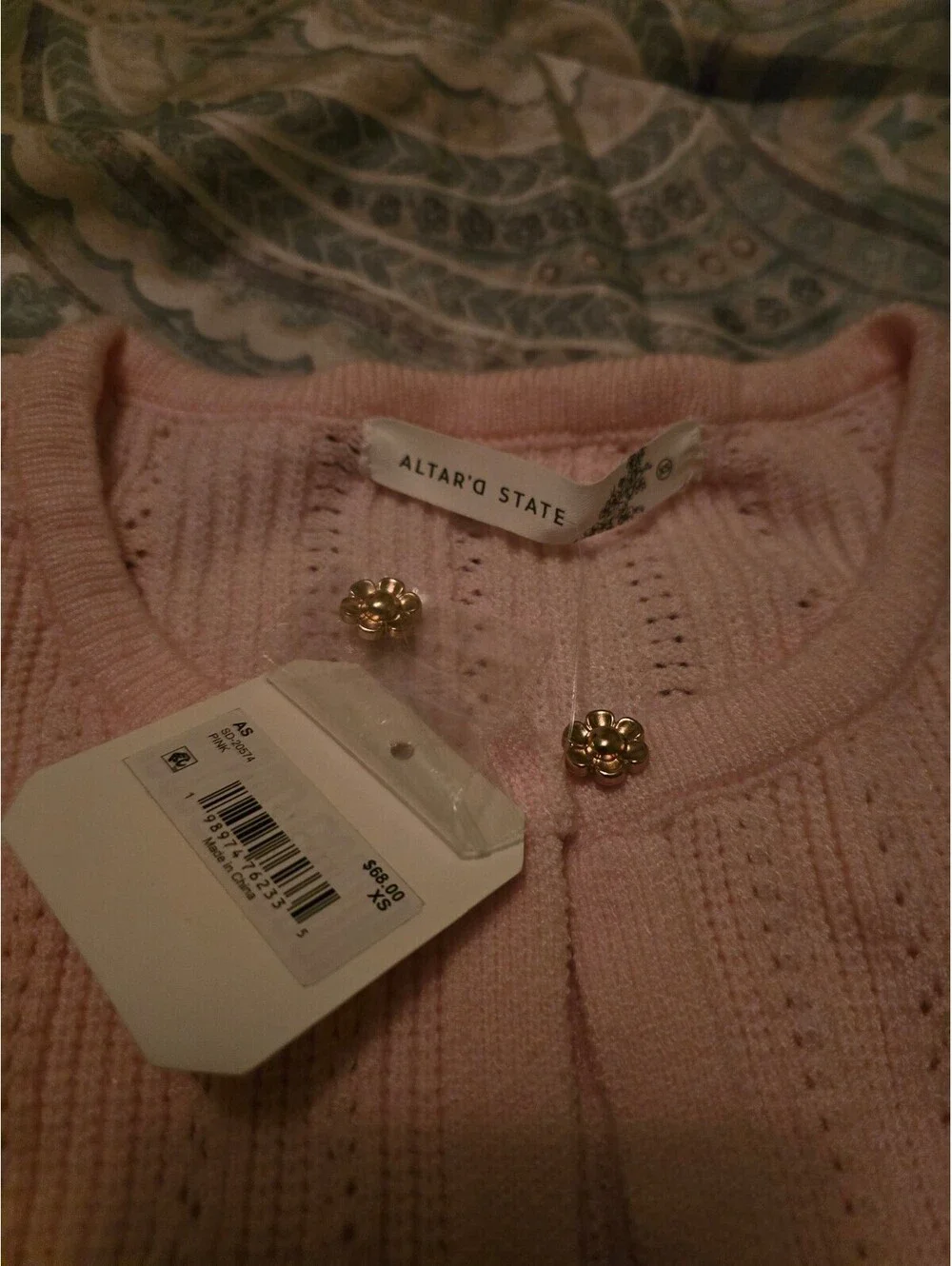 NWT Altar'd State Pink Pointelle Ruffle Bell Sleeve Cardigan Flower Buttons XS